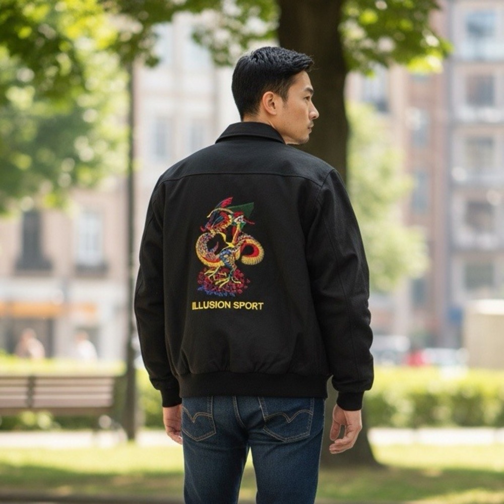 Vintage Illusion Men's Bomber Jacket Dragon Embroidered Leather Sleeves Size XXL
